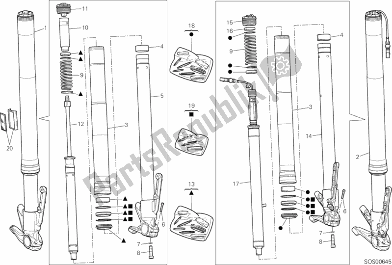 All parts for the Front Fork of the Ducati Multistrada 1260 S D-air 2019